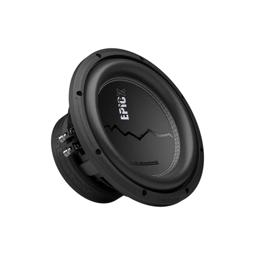 Un subwoofer circular negro Audiocontrol EPICX10 de 10 pulgadas, vista frontal y lateral en ángulo, con un diseño de líneas irregulares en el cono del altavoz.