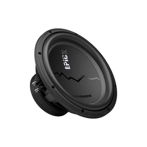 A black Audiocontrol EPICX12 12 Dual Voice Coil subwoofer with “EPIC” and a zigzag line on the cone, shown angled on a plain white background.