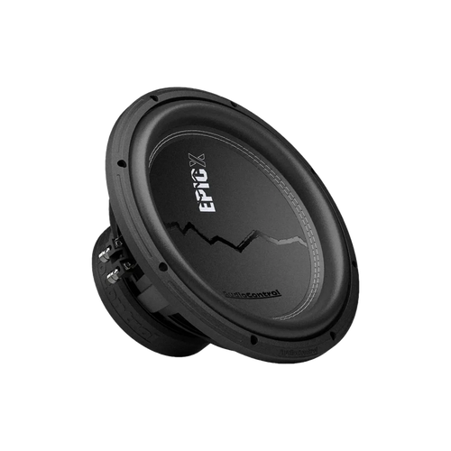Un subwoofer negro Audiocontrol EPICX12 de 12 y doble bobina móvil con EPIC y una línea en zigzag en el cono, mostrado en ángulo sobre un fondo blanco liso.