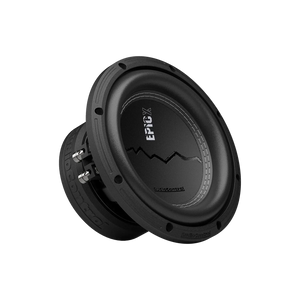 LAudiocontrol EPICX8 est un subwoofer noir de 8 pouces à double bobine mobile avec un graphique de montagne sur fond blanc uni.