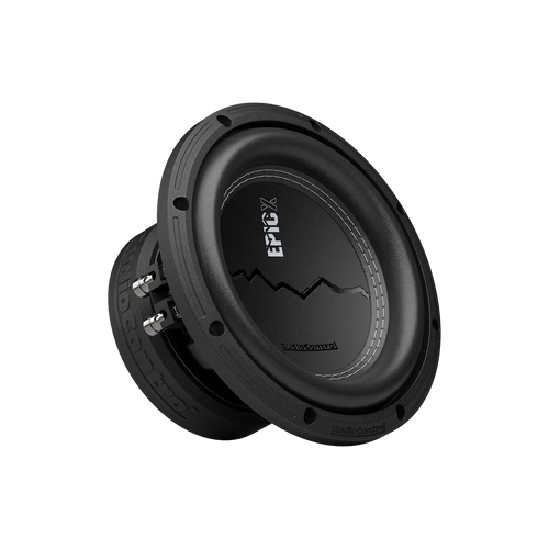 LAudiocontrol EPICX8 est un subwoofer noir de 8 pouces à double bobine mobile avec un graphique de montagne sur fond blanc uni.