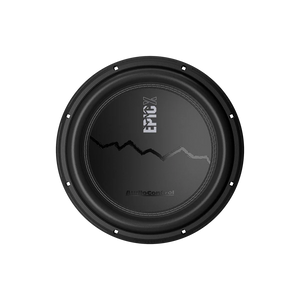 The Audiocontrol EPICX12 is a black 12 subwoofer with Dual Voice Coil and EPIC X text, mountain-like graphics, shown from above on a light background.