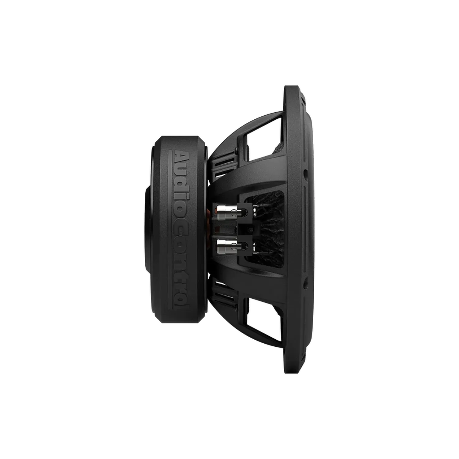 Vue latérale dun subwoofer Audiocontrol EPICX8 de 8 pouces avec bobine double sur fond blanc.