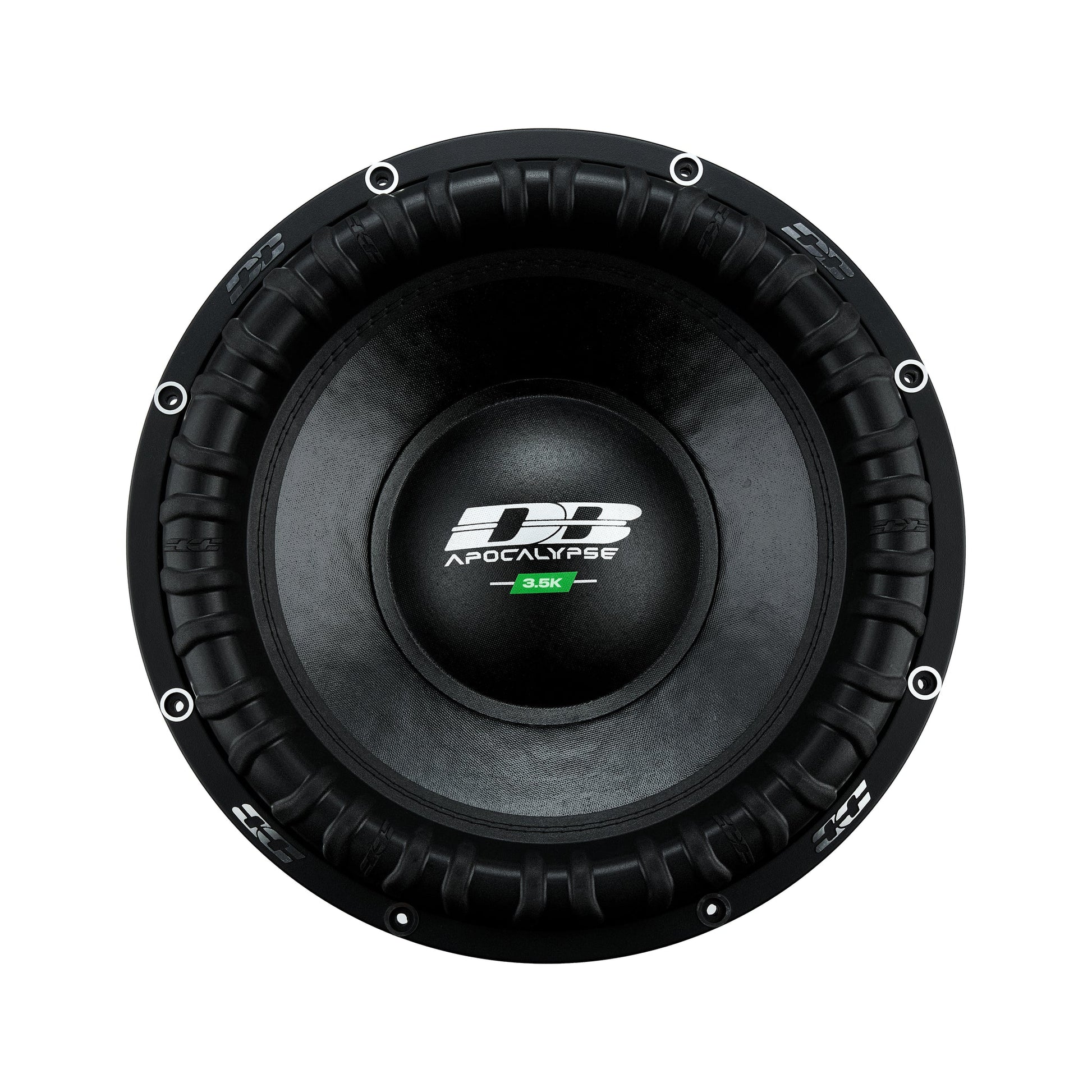 Una vista dallalto del subwoofer nero Deaf Bonce Apocalypse DВ-3.5K da 15 evidenzia il suo cono rotondo e il logo centrale da 3500 Watt RMS.