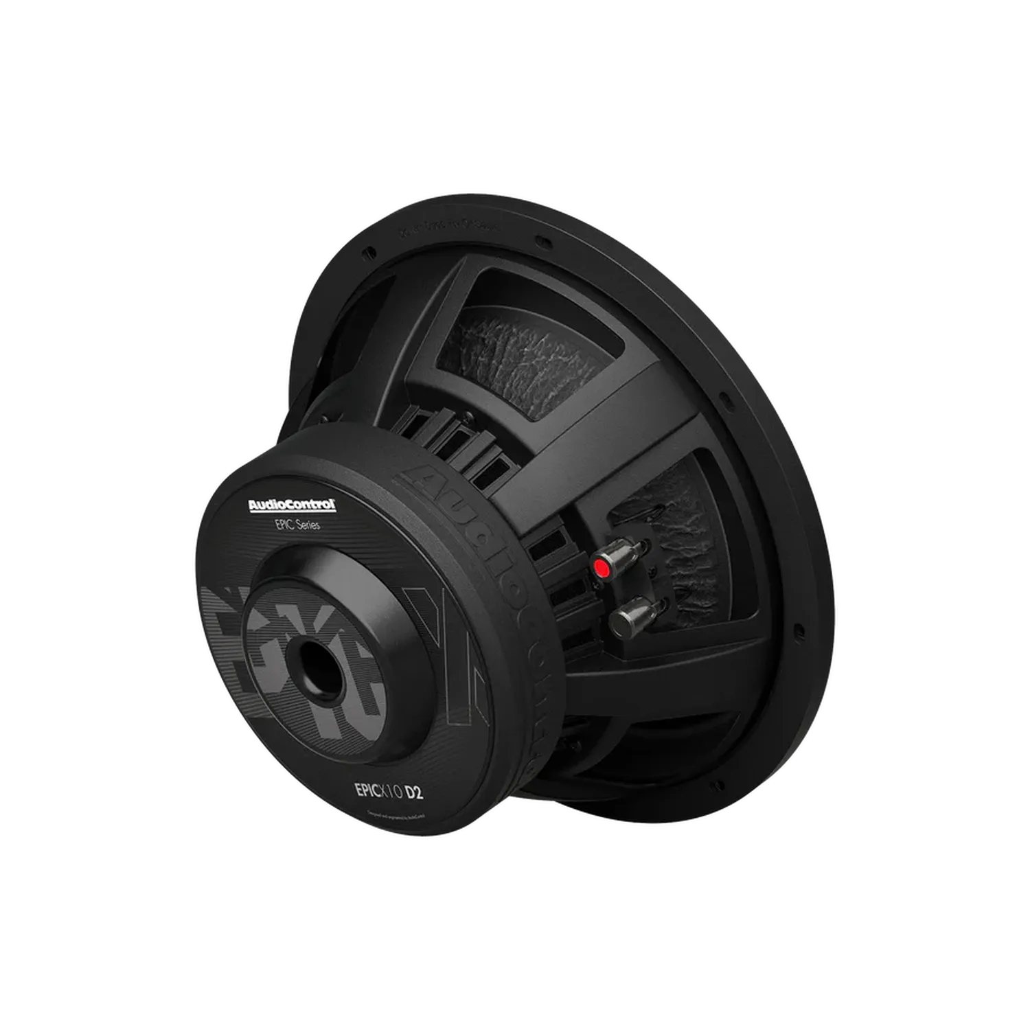 Un subwoofer negro Audiocontrol EPICX10 de 10 pulgadas con terminales de cableado visibles y tecnología de restauración de graves en la parte posterior.