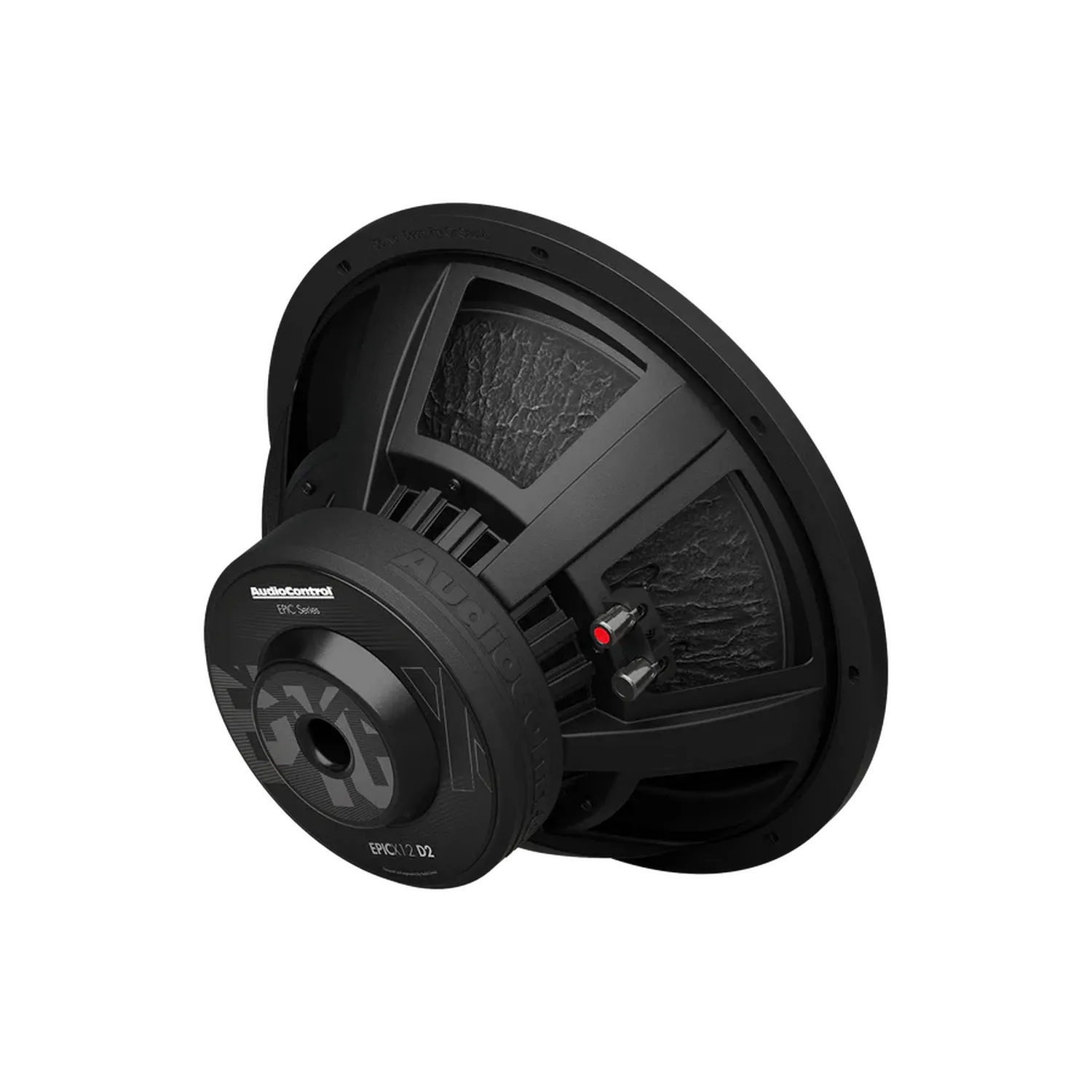 El Audiocontrol EPICX12 es un subwoofer negro de 12 con cono visible, marco y terminales de doble bobina móvil, que se muestra en ángulo sobre un fondo blanco liso.