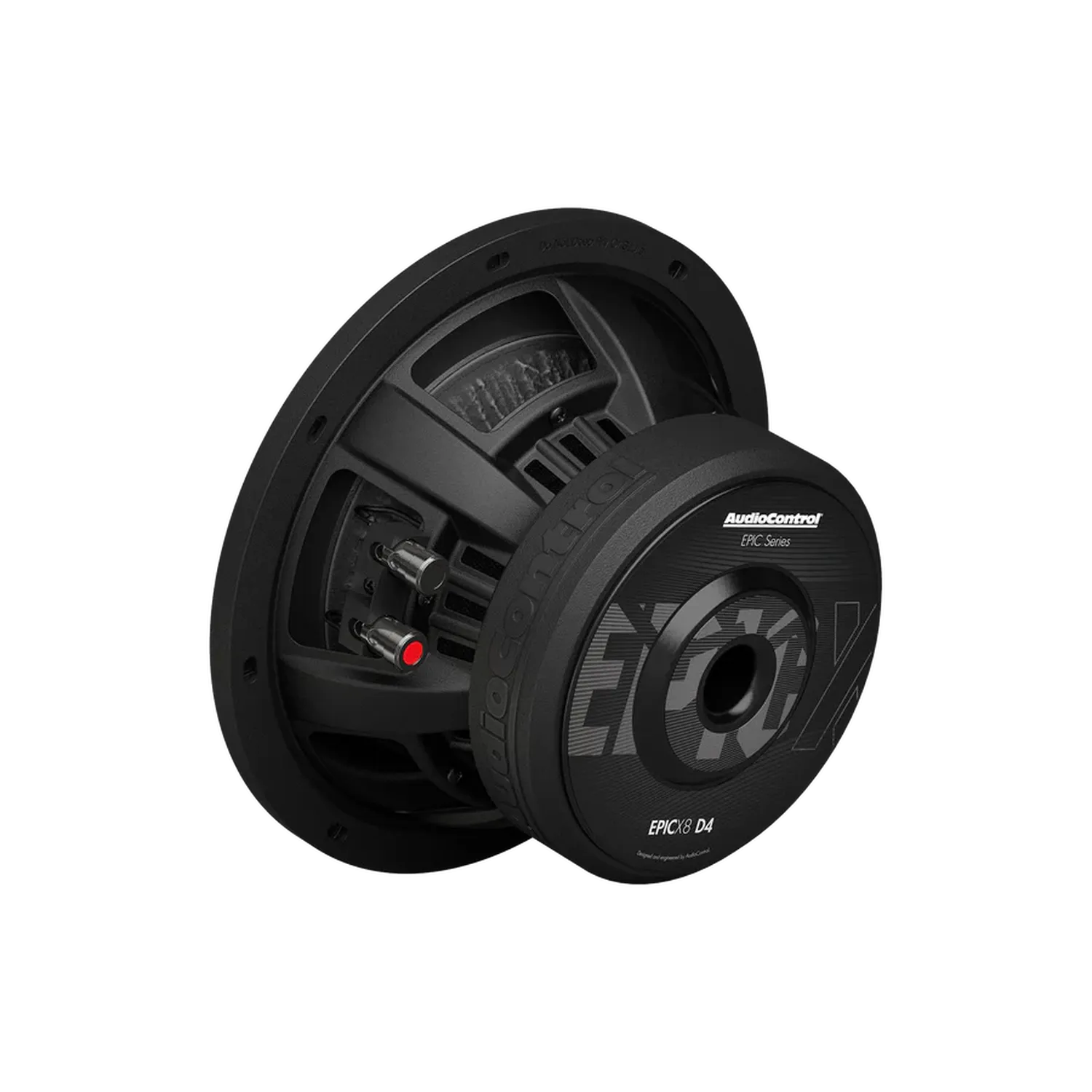 Le subwoofer Audiocontrol EPICX8, représenté en angle avec des bornes à double bobine mobile et le logo EPIC, fait partie de la série EPIC noire dAudioControl.