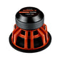 Der Avatar Doomsday 15 ist ein großer orange-schwarzer Subwoofer mit einem Metallrahmen, 3500 W RMS und 7000 W Maximalleistung.