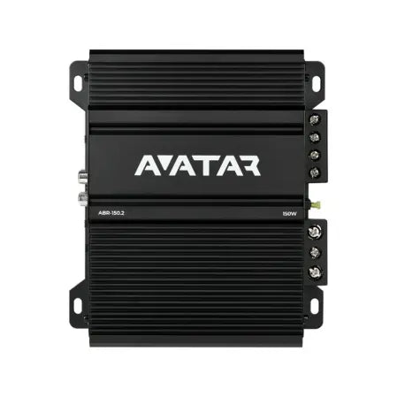 LAvatar ABR-150.2 è un amplificatore per auto di colore nero con un design a nervature, il logo AVATAR in bianco, supporto per il funzionamento in ponte e porte di collegamento sul lato destro.