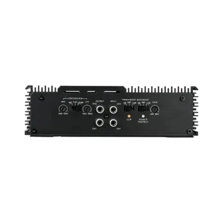 Avatar ABR-150.2, amplificatore a 2 canali nero, vista posteriore con ingressi e uscite, manopole di controllo, interruttori e alette di raffreddamento laterali.