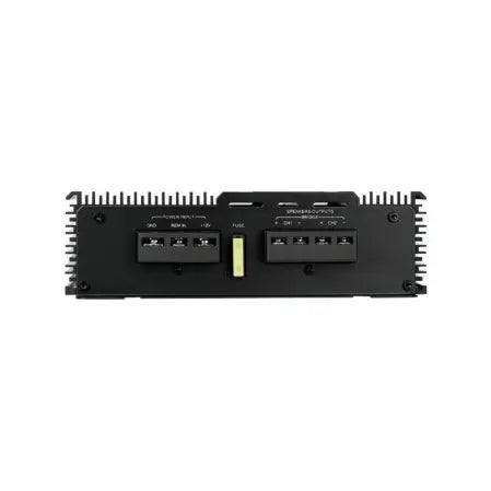 Vista posteriore di un amplificatore a 2 canali Avatar ABR-150.2 in classe AB, di colore nero, con due terminali e un fusibile centrale, su sfondo bianco.
