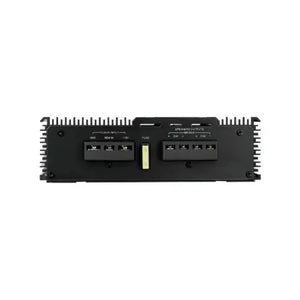Vue arrière dun amplificateur Avatar ABR-150.2 noir, de classe AB, à deux canaux, doté de deux bornes et dun fusible central, sur fond blanc.
