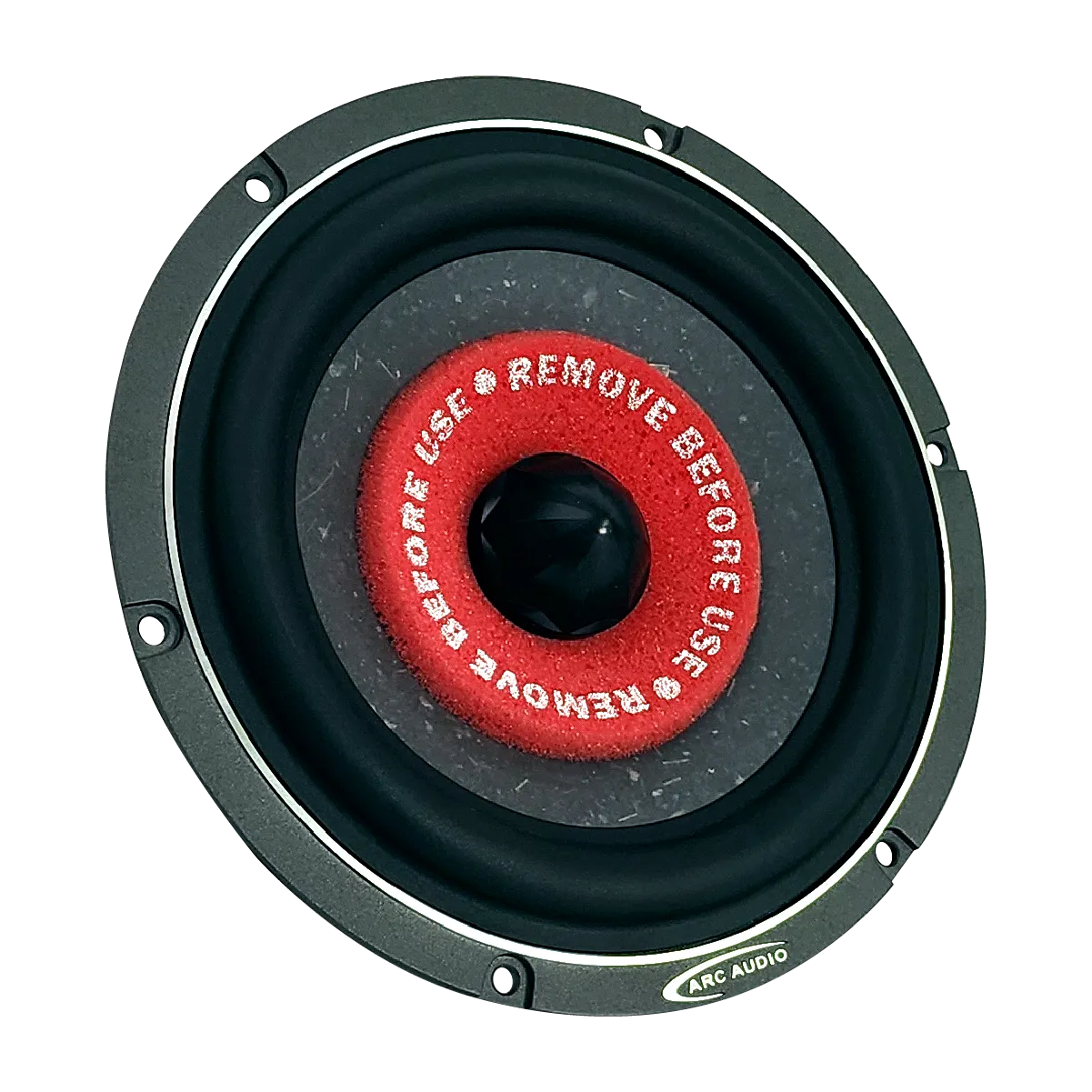 LARC Audio AS600 è un diffusore rotondo nero con un woofer da 5 e un tappo centrale rosso con letichetta REMOVE BEFORE USE, mostrato dallalto su uno sfondo bianco.