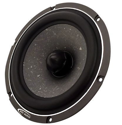 LARC Audio AS600 è un altoparlante nero rotondo con un cono centrale e quattro fori di montaggio, perfetto come driver per mediobassi da 5 nel vostro sistema DSP.