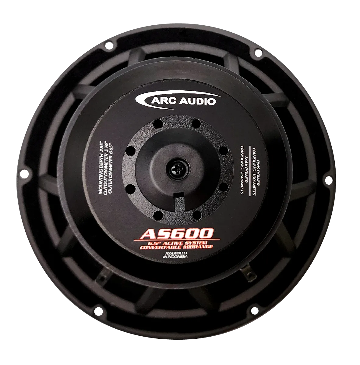 Primo piano di un diffusore subwoofer per auto ARC Audio AS600 con Tiefmitteltöner da 6,5, specifiche e fori di montaggio su sfondo bianco.