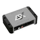 Silber-schwarzer 2-Kanal-Verstärker ESX Quantum QMX-TWO mit Eingangs-, Verstärkungs- und Filterreglern an der Seite.