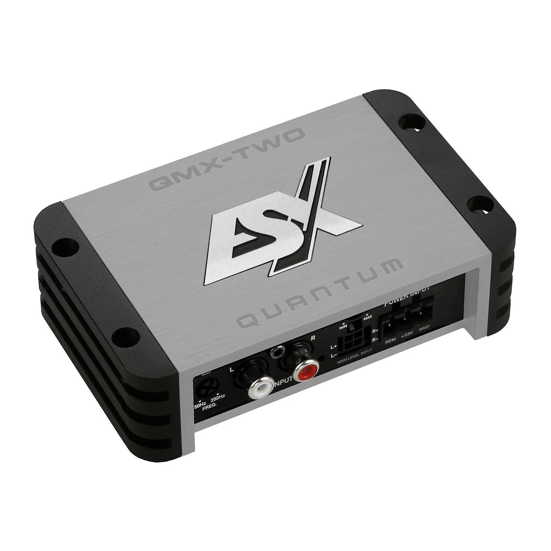 Silber-schwarzer 2-Kanal-Verstärker ESX Quantum QMX-TWO mit Eingangs-, Verstärkungs- und Filterreglern an der Seite.