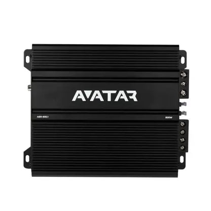 LAvatar ABR-800.1 è un amplificatore monoblocco per auto in classe D di colore nero, con superficie zigrinata, logo bianco, potenza nominale di 800 W RMS e connettori sul lato destro.