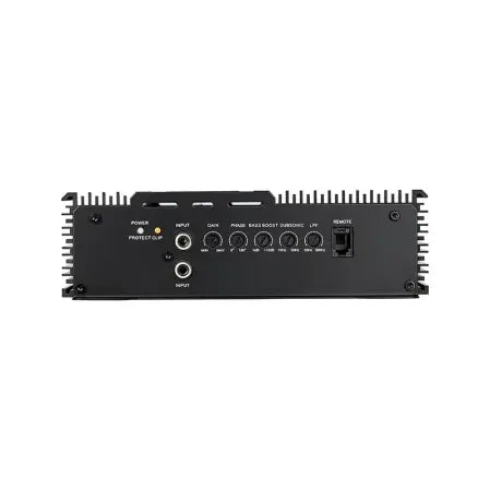 Avatar ABR-800.1, pannello posteriore nero: amplificatore monoblocco a 1 canale in classe D, 800 W RMS, diverse porte di ingresso/uscita, manopole di regolazione e spie luminose.