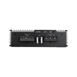 Vue arrière du monobloc de classe D noir Avatar ABR-800.1, avec ses sorties haut-parleurs, ses compartiments à fusibles et ses connecteurs pour une puissance absorbée de 800 W RMS.