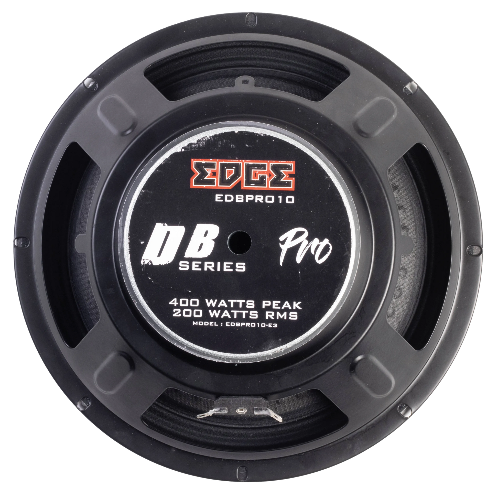 Draufsicht auf einen Edge DB EDBPRO10-E3, einen 200-W-Lautsprecher und einen 10-Zoll-Tieftöner mit Edge-Logo vor weißem Hintergrund.