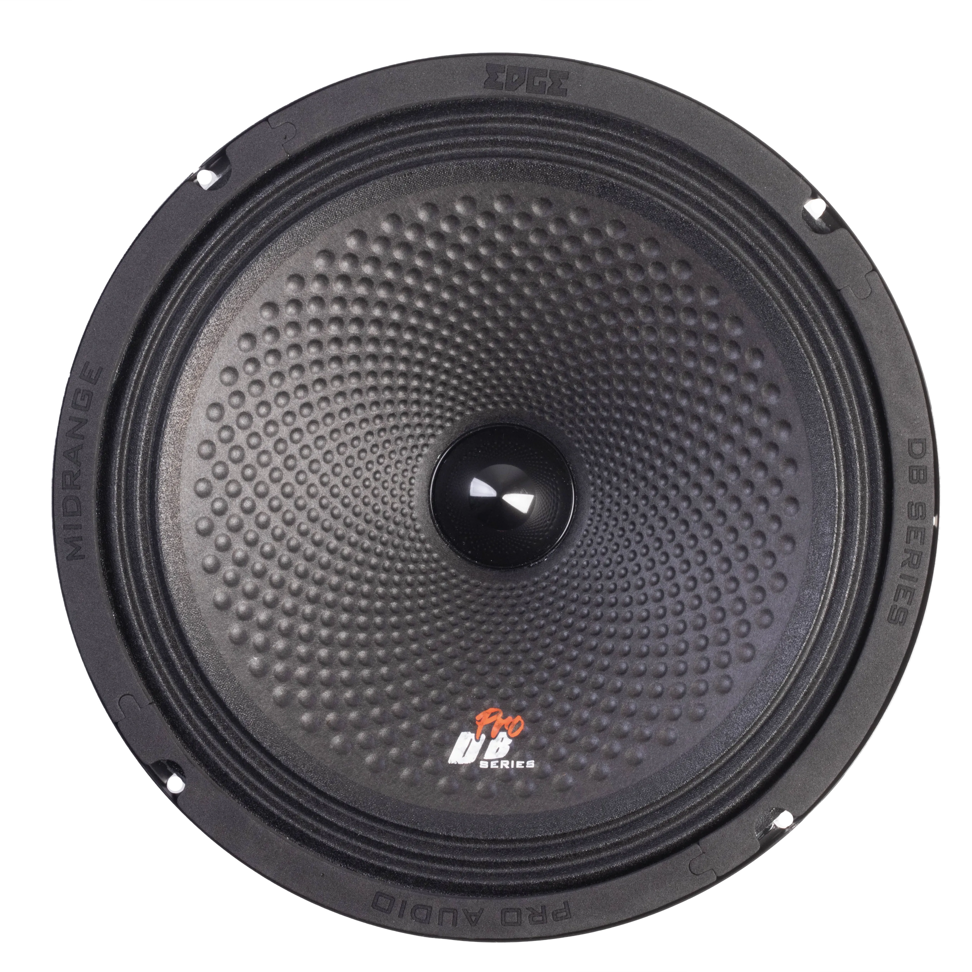 Nahaufnahme eines 10-Zoll-Mitteltöners vom Typ Edge DB EDBPRO10-E3 mit strukturierter Membran, „DB Series“-Logo und einer Nennleistung von 200 W auf dem Rand.