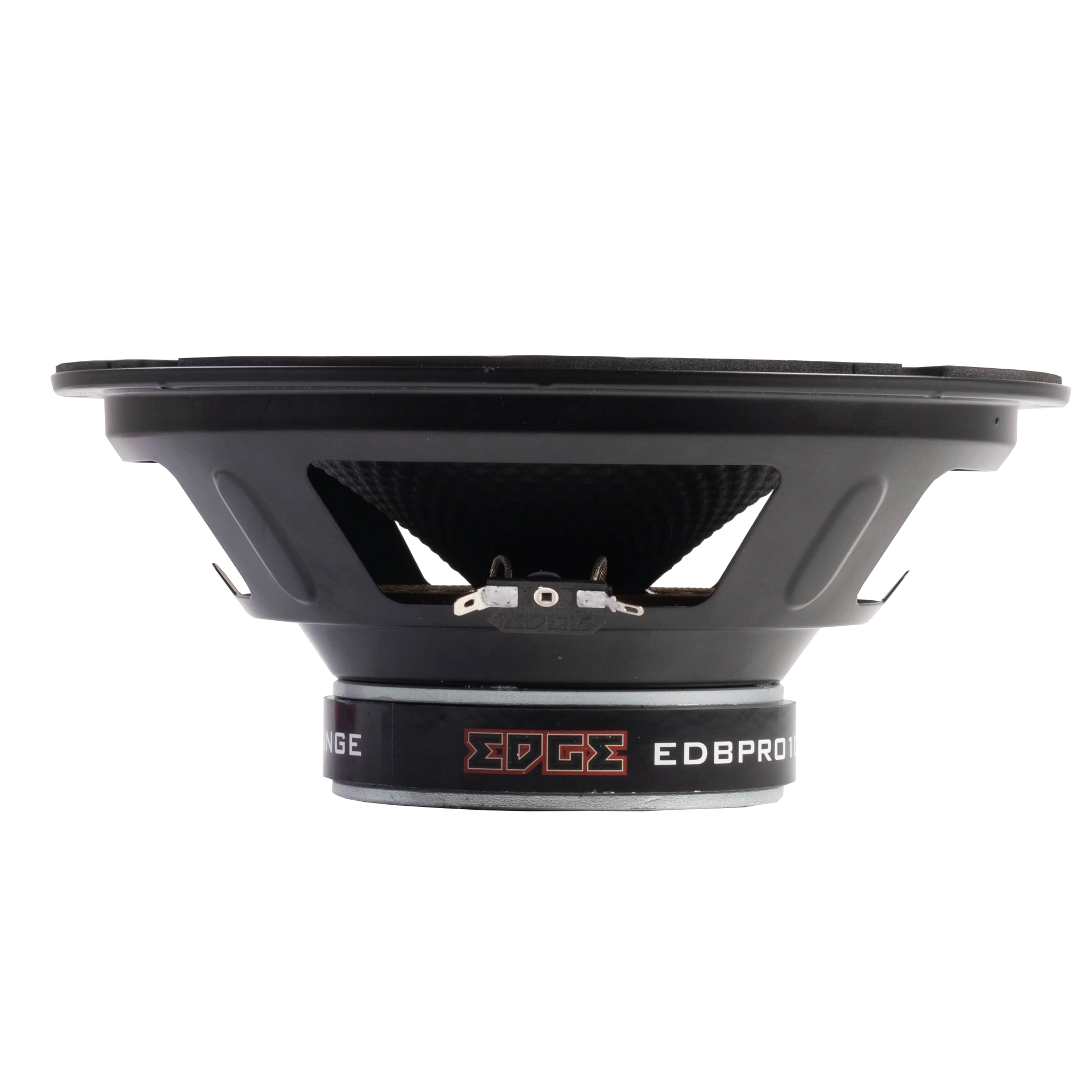 Seitenansicht eines schwarzen 10-Zoll-Car-Audio-Lautsprechers vom Typ Edge DB EDBPRO10-E3, auf der die Membran, der Korb und die Anschlüsse vor weißem Hintergrund zu sehen sind.