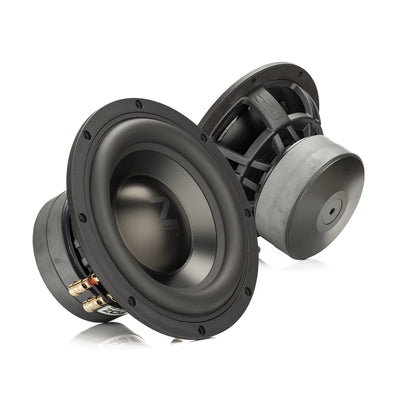 Due subwoofer Gladen Zeta 08 con membrane a vista e telaio robusto producono bassi potenti; uno è ripreso frontalmente, l’altro da dietro e di lato su uno sfondo bianco.