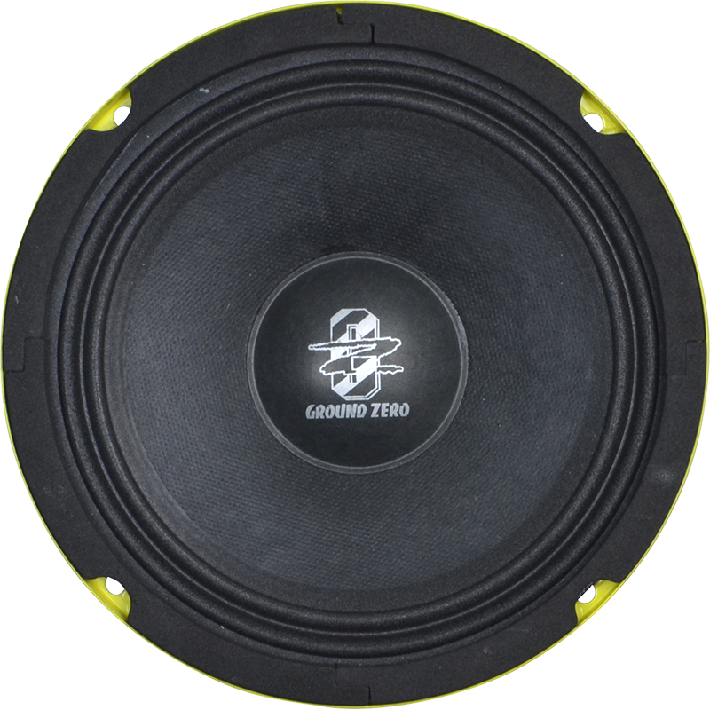 Un altavoz redondo negro Ground Zero Competition GZCK 165XSPL-II de 6,5, con el logotipo en el centro, rodeado por un marco con borde amarillo.