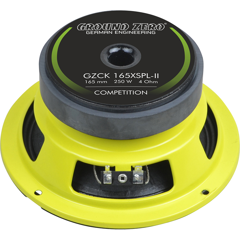 Un subwoofer Ground Zero Competition GZCK 165XSPL-II de color amarillo, de 250 W y 4 ohmios, con terminales de cableado visibles y la etiqueta «Competition».