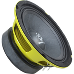 Se muestra, en ángulo, un subwoofer Ground Zero Competition GZCK 165XSPL-II de color amarillo con cono negro, terminales metálicos y logotipo.