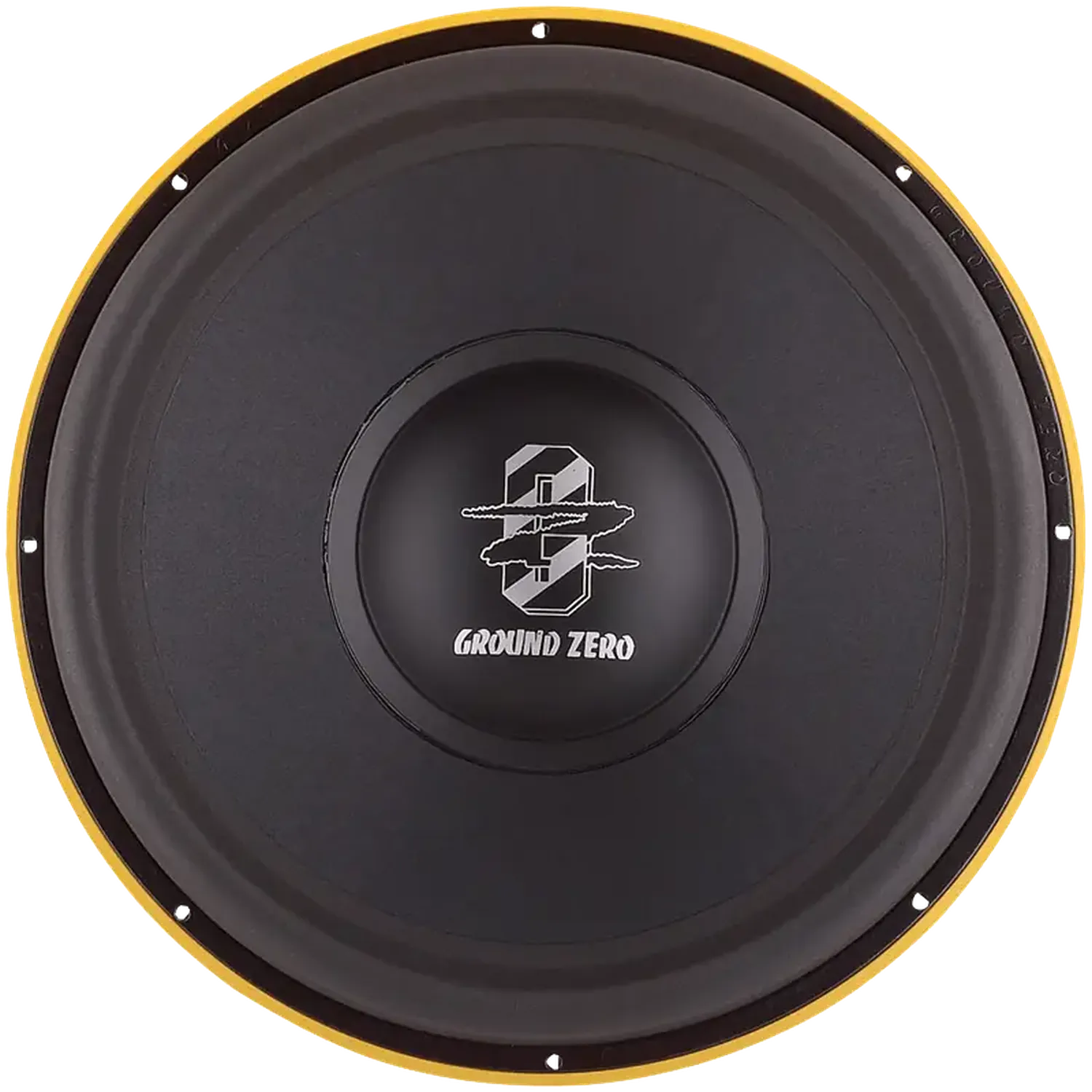 Un subwoofer rotondo nero Ground Zero Plutonium GZPW 18SPL con bordo e logo gialli su sfondo bianco.