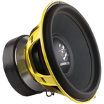 Un grande subwoofer Ground Zero Plutonium GZPW 18SPL 10000 Watt SPL di colore nero e giallo con un logo visibile sul cono, visto di lato.