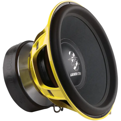Un grande subwoofer Ground Zero Plutonium GZPW 18SPL 10000 Watt SPL di colore nero e giallo con un logo visibile sul cono, visto di lato.