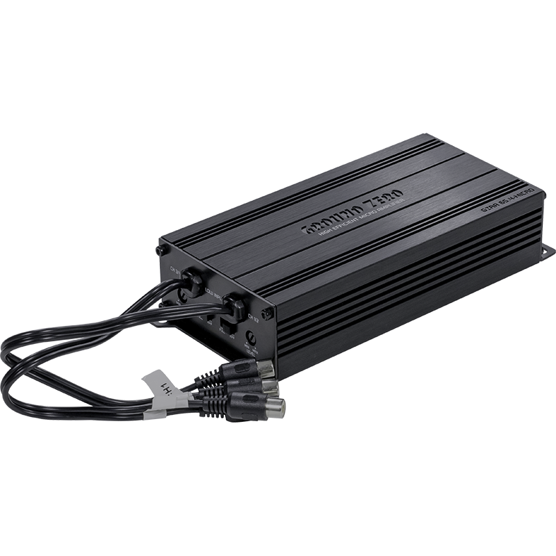 A black rectangular Ground Zero Radioactive GZRA 65.4-MICRO power supply with ventilation grooves, I/O ports, and cables shown on a plain white background.