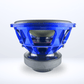 Sobre un fondo blanco aparece un subwoofer azul de 15 pulgadas del modelo GS Audio Gold 10000 MK2, con membrana negra, base metálica y marco abierto.