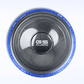 Eine Draufsicht auf den GS Audio Gold 10000 MK2 18″-Subwoofer in Schwarz und Blau, mit einer Carbonfaser-Optik und dem GS Audio-Logo in der Mitte.