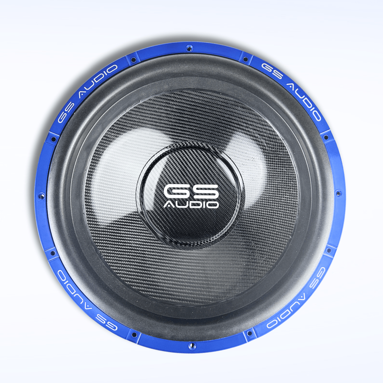 Eine Draufsicht auf den GS Audio Gold 10000 MK2 18″-Subwoofer in Schwarz und Blau, mit einer Carbonfaser-Optik und dem GS Audio-Logo in der Mitte.