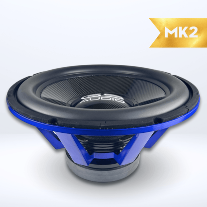 Un caisson de basses bleu et noir orné dune bannière dorée « MK2 », inspiré du GS Audio Gold 10000 MK2 21 pouces, se détache sur un fond sobre.