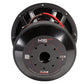 Un grand caisson de basses Audio System Helon H15 EVO2 SPL de la série H-EVO, de couleur noire, avec un câblage rouge ; la vue de dos montre le modèle et les caractéristiques techniques indiquées sur le socle.