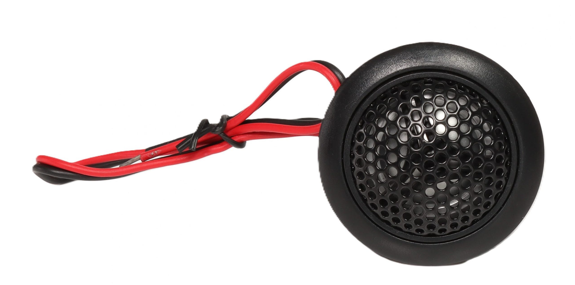 Runder schwarzer Lautsprecher „CARBON 100“ von Audio System mit Waben-Gitter, roten und schwarzen Kabeln, aus dem 4-Zoll-Lautsprecherset, isoliert vor weißem Hintergrund.