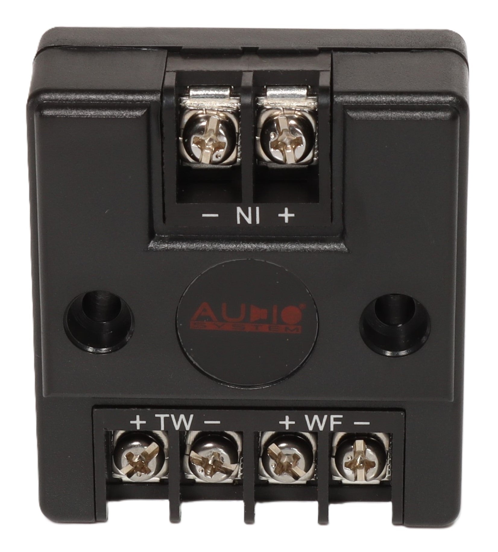 Système audio CARBON 100, bloc de connexion noir avec bornes à vis étiquetées et trous de fixation, idéal pour les systèmes composants à 2 voies.