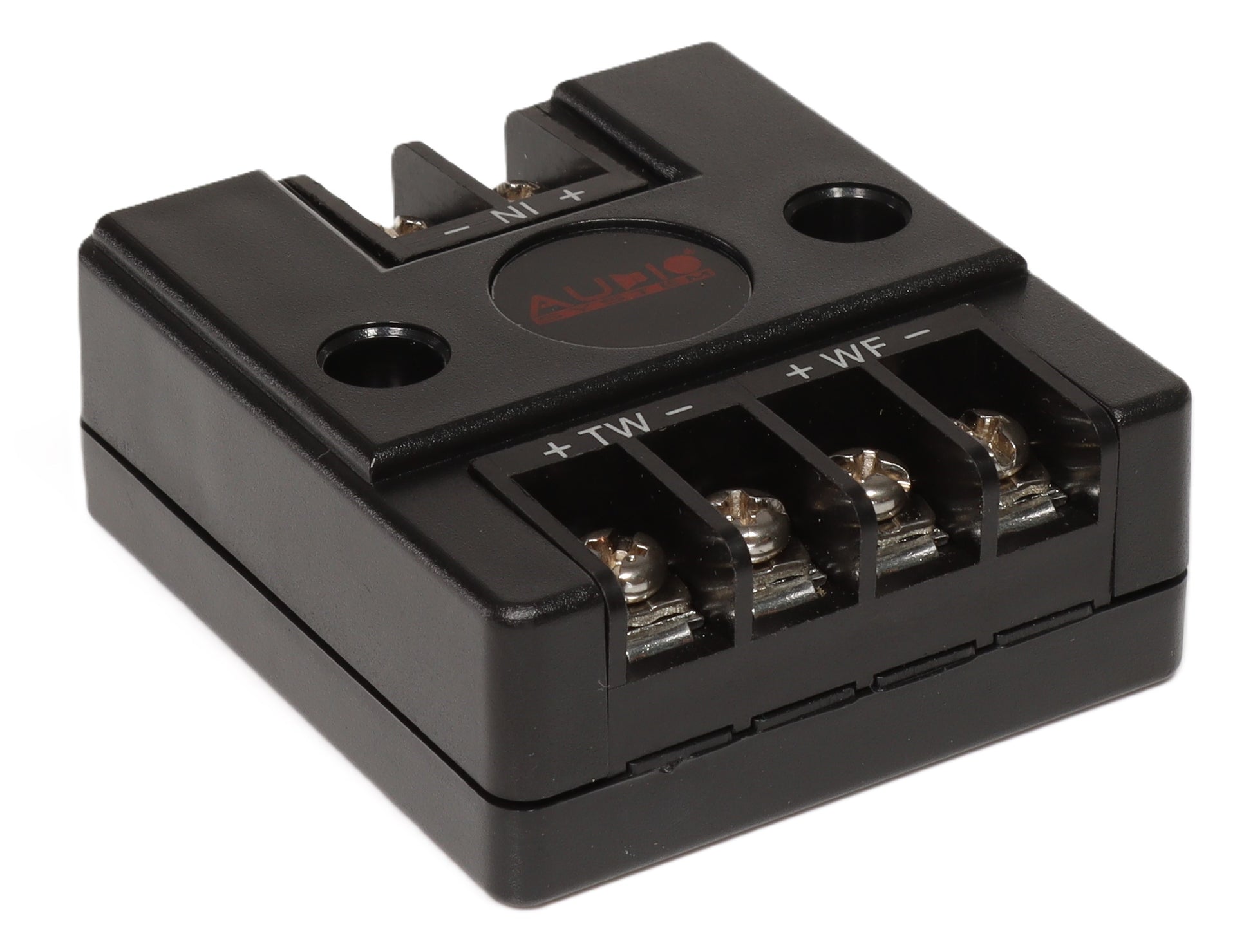 Un bloc de connexion Audio System CARBON 100 noir, équipé de trois bornes à vis étiquetées +TW, +WF, -.
