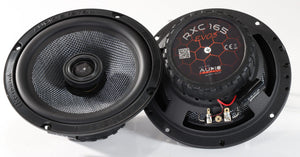 Two round black Audio System RXC165 EVO3 6.5 coaxial speakers are shown: one faces forward, the other displays back wiring and is labeled RXC165 EVO3.
