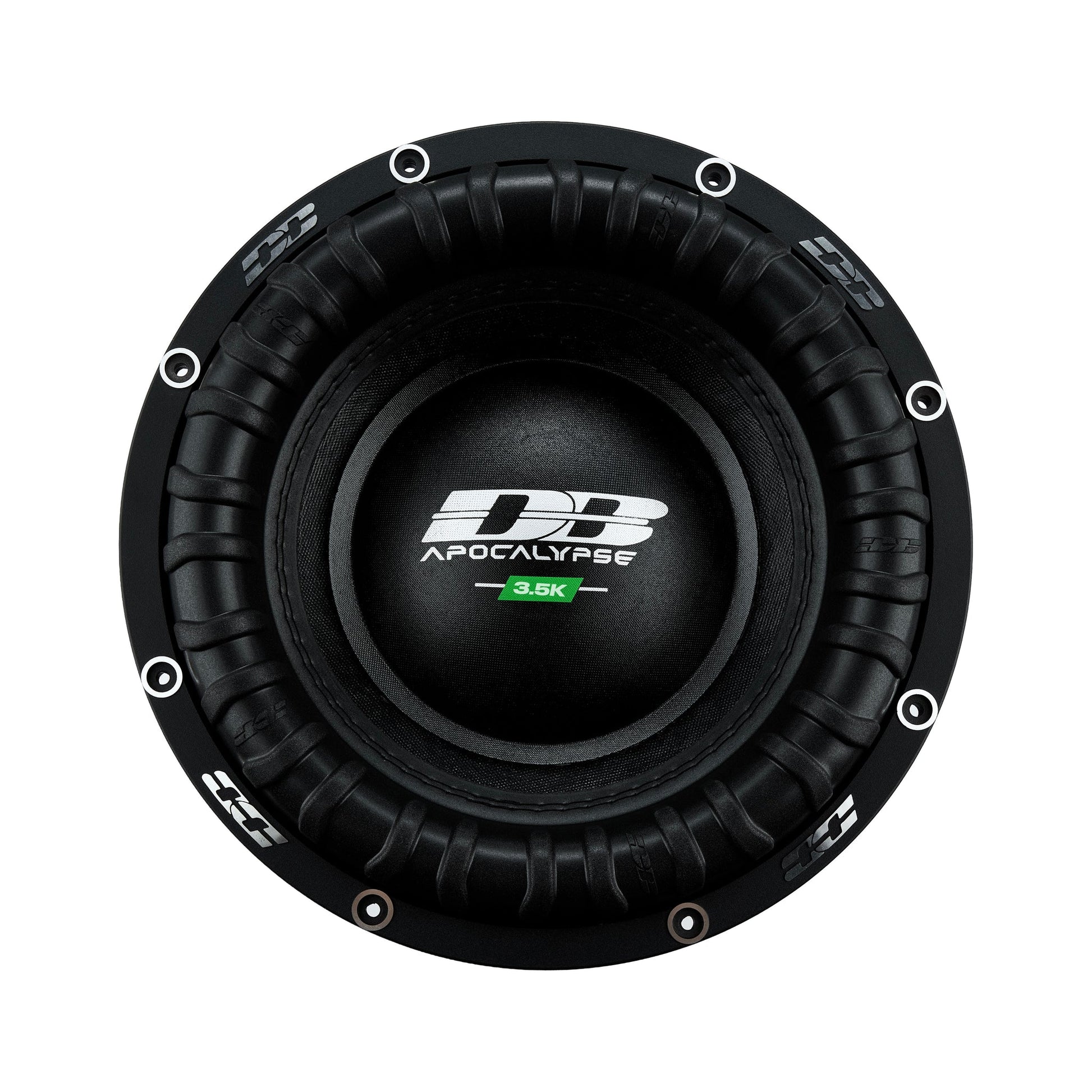 Una vista dallalto del subwoofer nero Deaf Bonce Apocalypse DВ-3.5K da 12, che mostra il suo bordo in gomma testurizzata e laudace marchio del cono centrale bianco e verde.