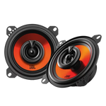 Zwei JBL STAGE1 42F-Lautsprecher mit schwarzen Einfassungen und orangefarbenen Membranen sorgen für erstklassige Klangqualität; abgebildet vor weißem Hintergrund.