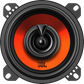 Ein schwarz-orangefarbener JBL STAGE1 42F-Lautsprecher wird von oben gezeigt, wobei sein zentraler Konus und die Halterungen auf weißem Hintergrund hervorgehoben werden, um eine hervorragende Klangqualität zu gewährleisten.