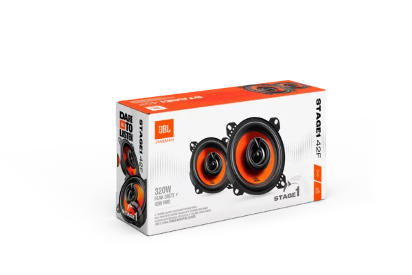 Ein Paar JBL STAGE1 42F-Autoradiosprecher in Schwarz/Orange, die sich durch erstklassige Klangqualität und das JBL-Logo auf weißem Hintergrund auszeichnen.