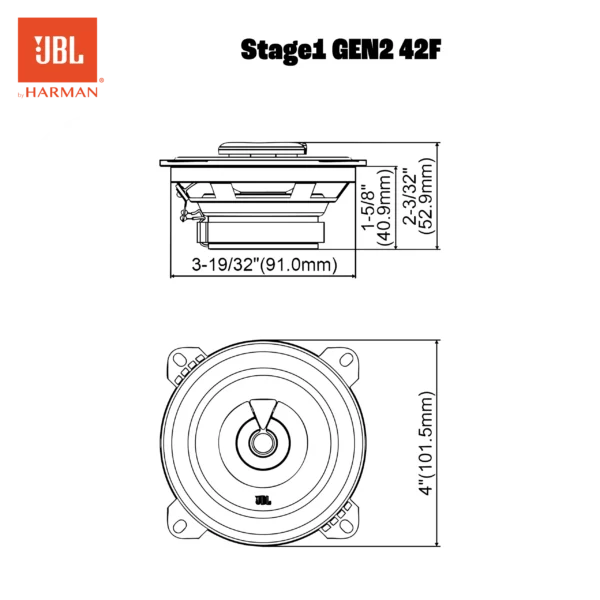 Technische Zeichnung des JBL STAGE1 42F – Vorder- und Seitenansichten mit Maßen in Zoll und mm; ideal für alle, die höchste Klangqualität suchen.