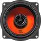Ein runder JBL STAGE1 52F-Lautsprecher mit schwarzem Rand und orangeroter Membran, ideal für kleine Fahrzeuge, frontal vor weißem Hintergrund abgebildet.